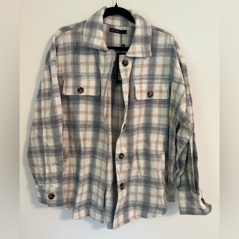 MIKAROSE Plaid Button-Up Shirt in Gray and Cream Size Small NWT